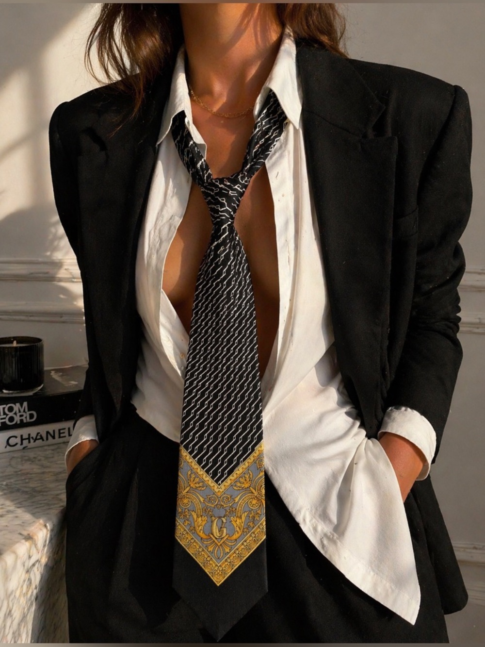 Vintage GIANNI VERSACE Silk Tie Baroque Gold Black 90s Statement